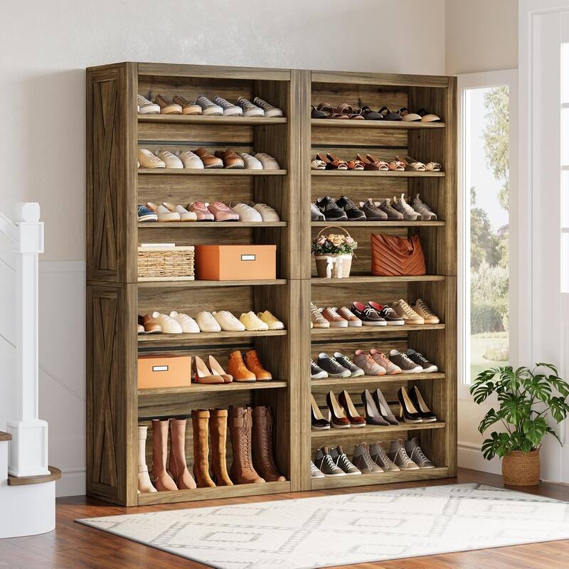 71 Inches Brown Wood Large Shoe Cabinet with Adjustable Shelves, 8-Tier Tall Shoe Storage Organizer for Entryway