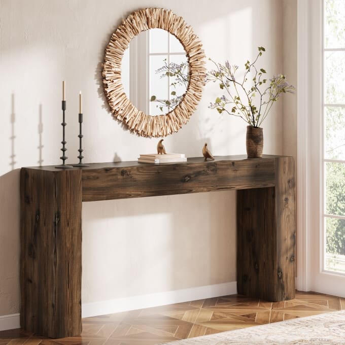 Solid Wood Console Table, 63-inch Farmhouse Entryway Table - Dark Brown