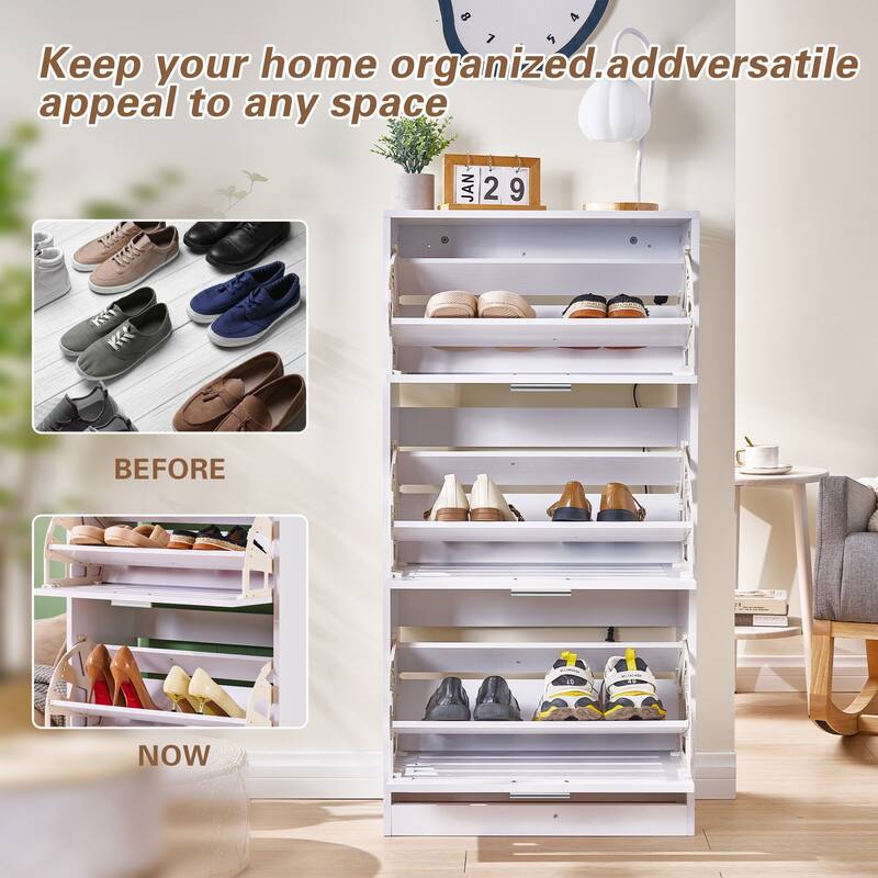 VECELO White 3-Tier Shoe Cabinet with Flip Drawer Silver Handles 47.24" Tall MDF Rack Removable laminate Design for Entryway
