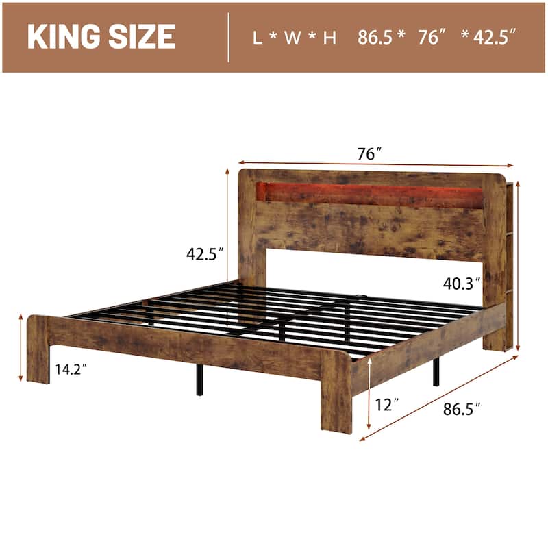 Wood Bed, Low Profile Platform Bed Frame with Storage Headboard Built-in LED Light and Charging Station