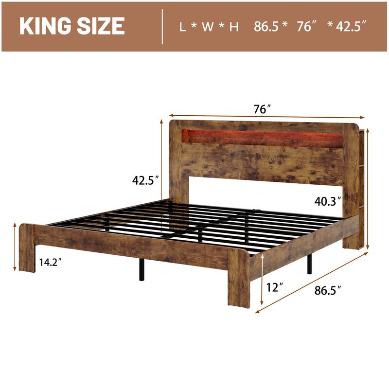 Wooden LED Platform Bed, LED Storage Headboard with Charging Station and Shelves on Each Side, Heavy Duty Metal Slat Support