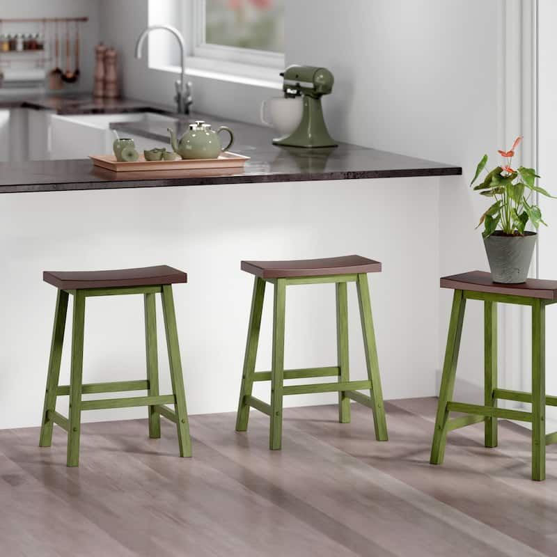 Satori Saddle Seat 24" Counter Stool, Rustic Green and Walnut - N/A