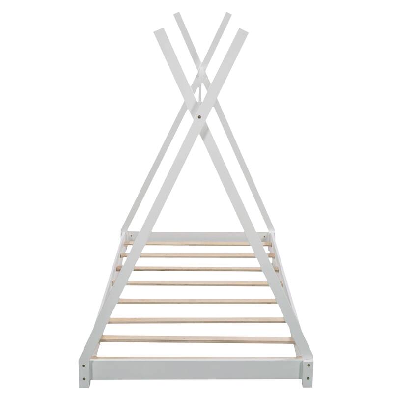 Twin Size House Platform Bed with Triangle Structure and Safety Railings