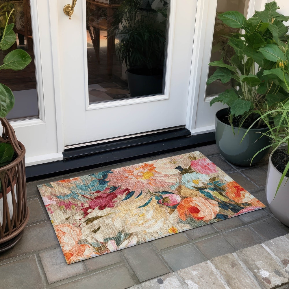 Machine Washable Indoor/ Outdoor Watercolor Floral Chantille Rug