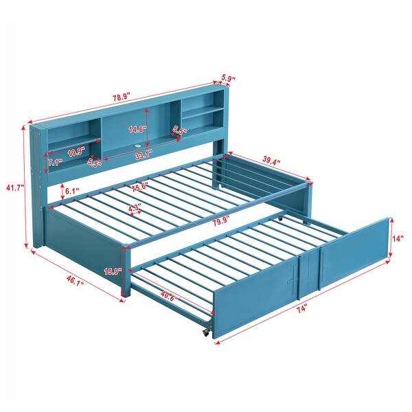 dimension image slide 1 of 2, Metal Twin Size Daybed w/Twin Size Trundle, Storage Shelves, USB Ports