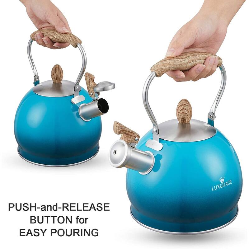 Creative Home 2.6 Qt. Stainless Steel Whistling Tea Kettle Teapot with Folding Handle, Aluminum Capsulated Bottom, Blue
