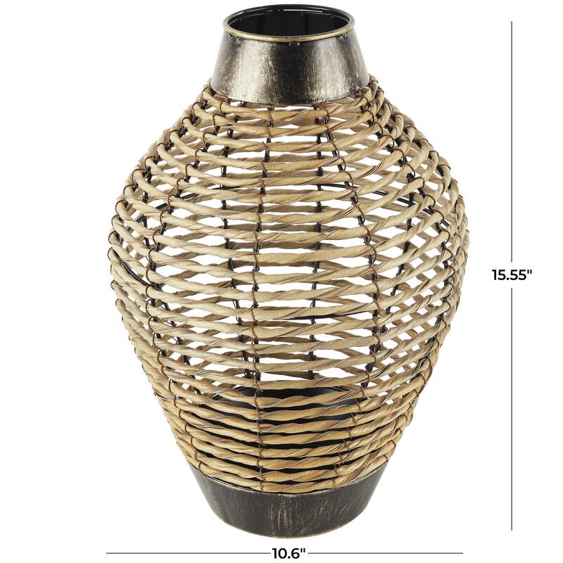 Plastic Rattan Handmade Twisted Decorative Vase with Open Frame Design and Bronze Metal Details - Bronze - Roche River Decor