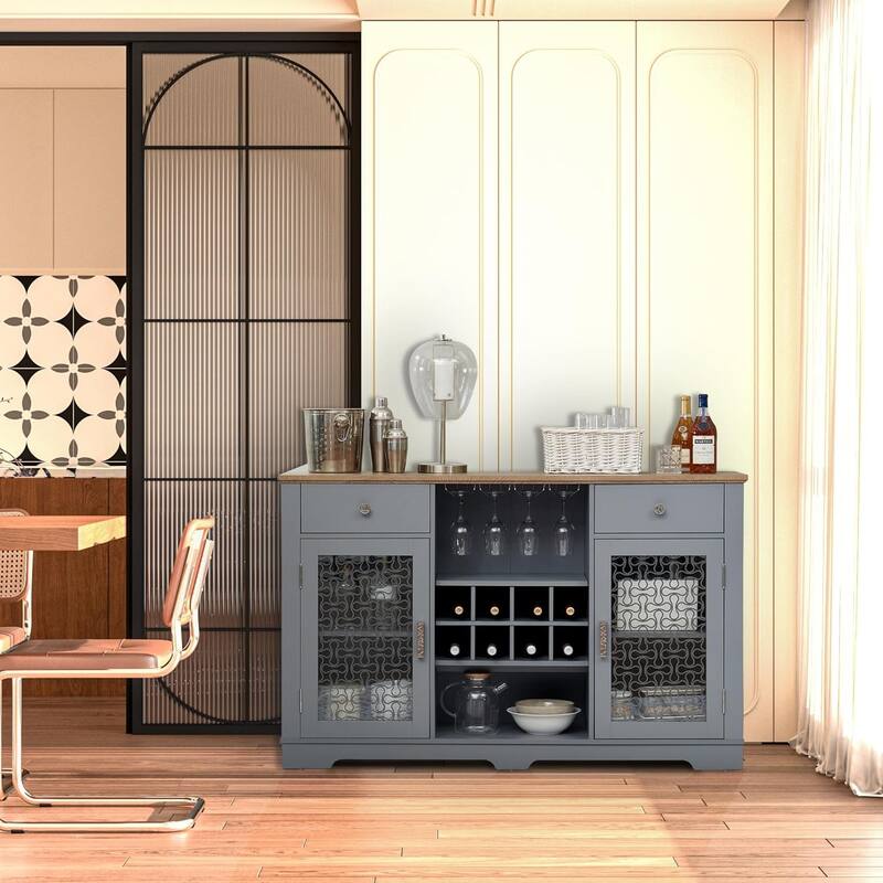 Roomfitters Modern Farmhouse Buffet Cabinet, Sideboard with 2 Drawers, Glass Door Cabinets, Wine and Glass Rack, Coffee Bar