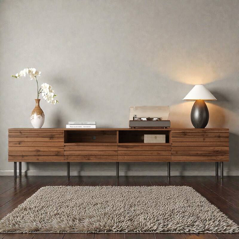 78.7" Modern Walnut TV Stand for TVs up to 85 Inch, Entertainment Center with Slatted Doors, Soft-Close Hinges - Walnut