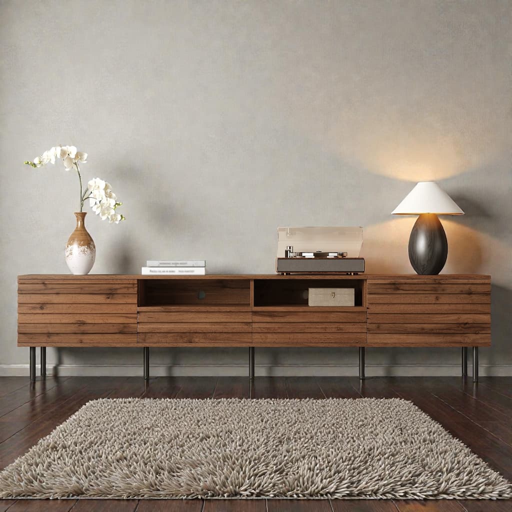 78.7" Modern Walnut TV Stand for TVs up to 85 Inch, Entertainment Center with Slatted Doors, Soft-Close Hinges