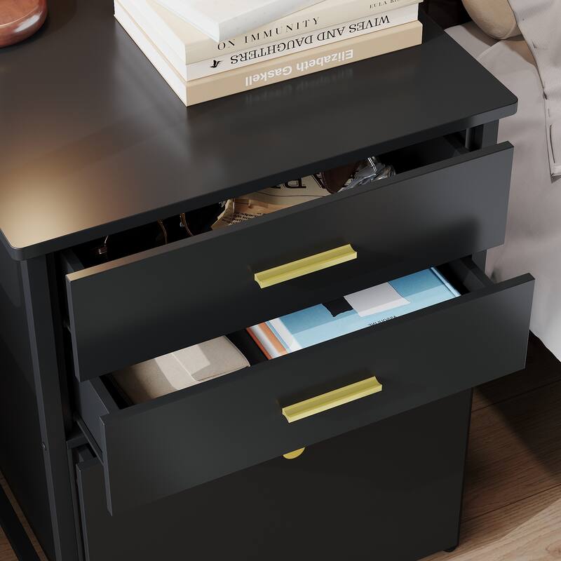 Modern 2-Drawer Nightstand Wooden Beside End Table with Rolling Cart