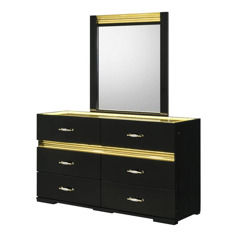 Furniture of America Saven Modern 2-Piece Black Solid Wood 6-Drawer Dresser and Mirror Set with LED Light
