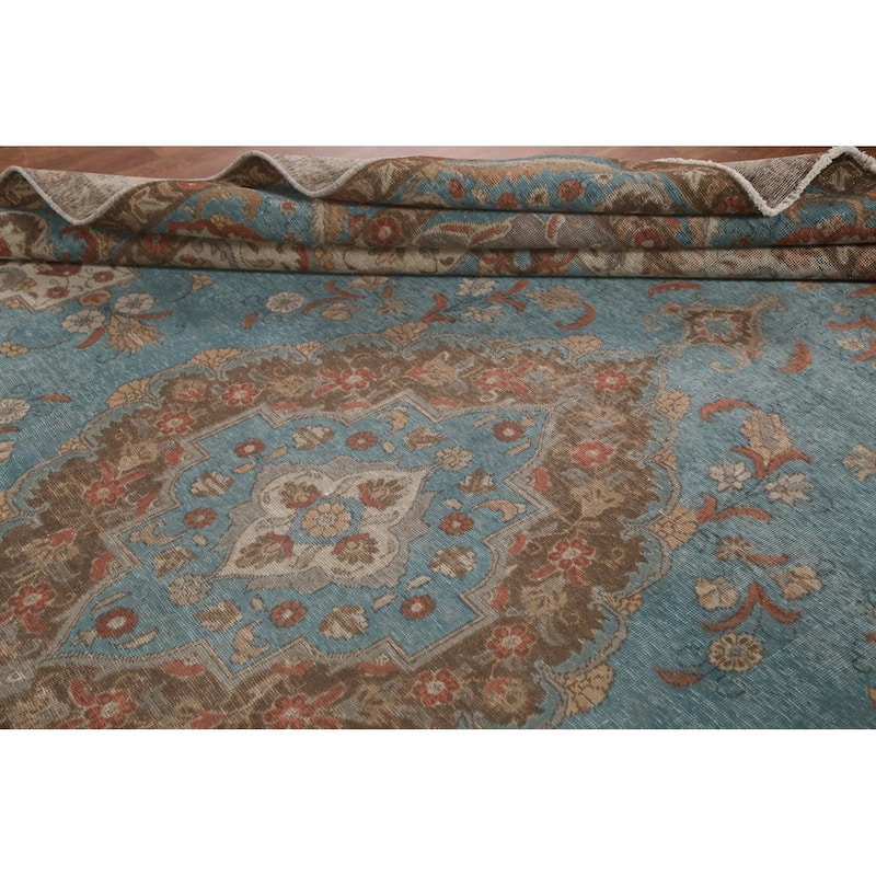 Distressed Over-Dyed Tabriz Persian Rug Antique Blue Wool Carpet - 9'5"x 11'10"