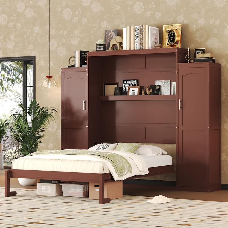 Queen Size Murphy Bed with 2 Wardrobe and Storage Shelf - Walnut