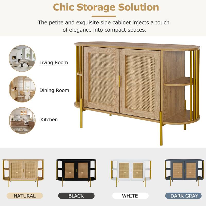 Curved Sideboard Rattan Buffet Storage Cabinet Side Cabinet, Natural