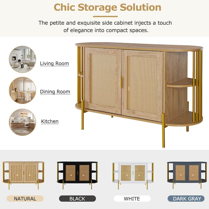 Elegant 2-Door Side Cabinet with Gold Trim and Woven Rattan Doors, Adjustable Shelves - 47.2"