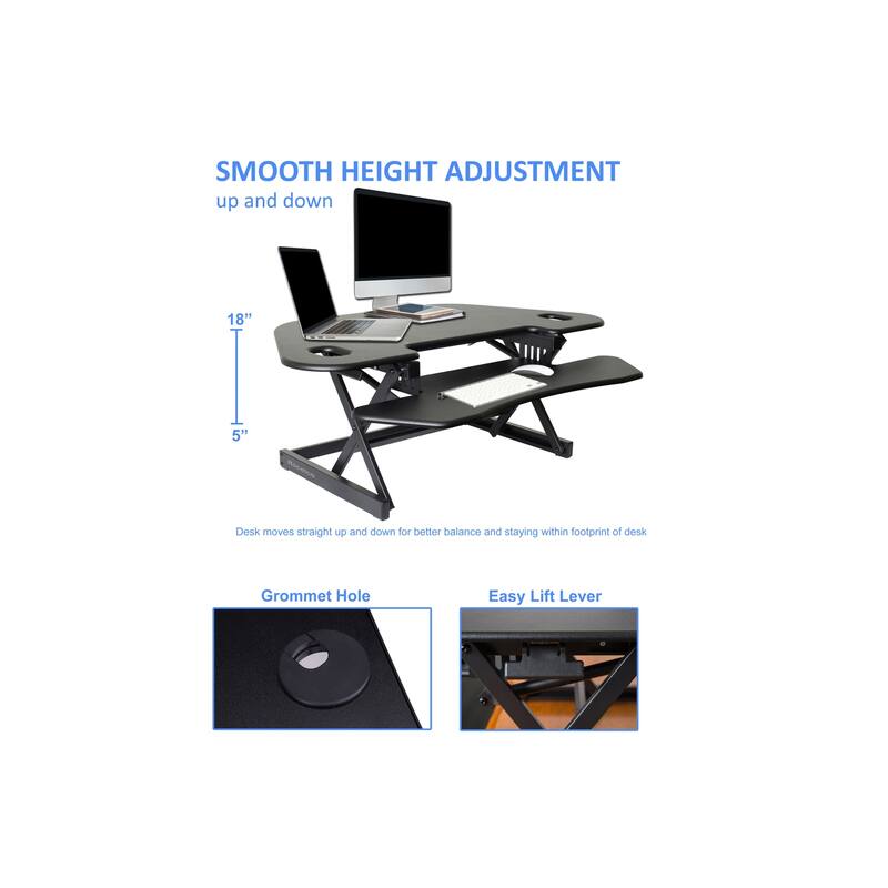Rocelco 46 in. W Black Height Adjustable Corner Standing Desk Converter with Dual Monitor Stand and Extra Tray Platform