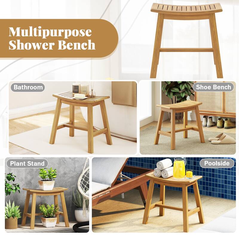 Gymax Shower Bench Teak Wood Shower Stool w/ Curved Seat Waterproof