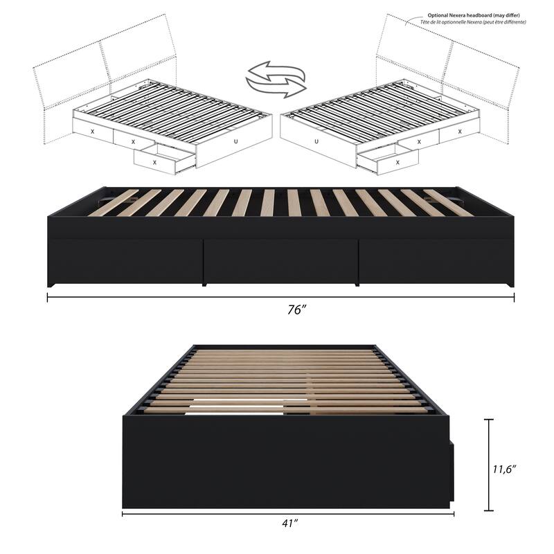 Nexera Bed Frame with 3-Drawer Storage, Reversible, Black
