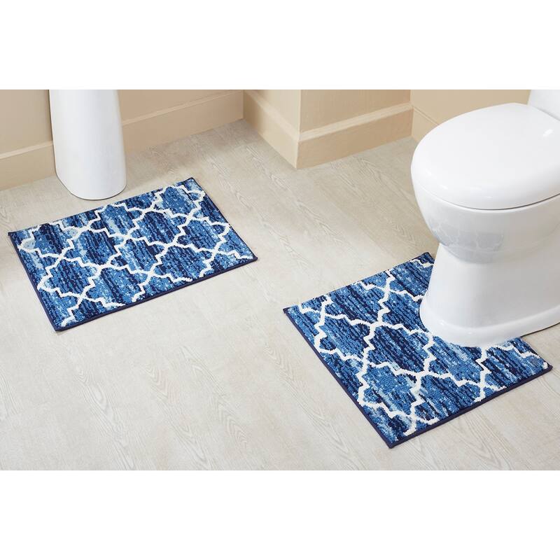 Better Trends Savio Collection 100% Micro Polyester Rectangle Soft Plush & Absorbent Water Machine Washable 2 Piece Bath Rug Set - 2 Piece Set (17" x 24" | 20" x 20") - Blue