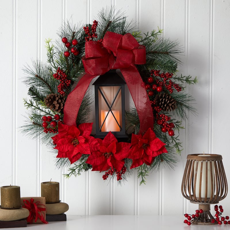 28" Poinsettia and Berry Holiday Lantern Christmas Wreath - Green - 28