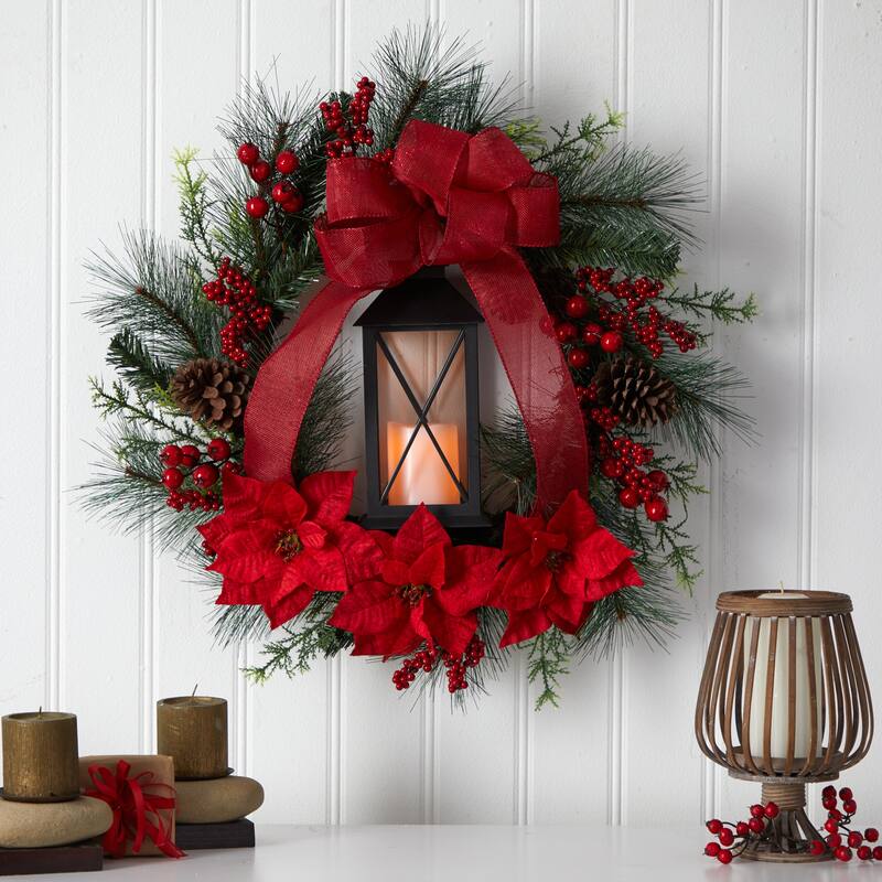 Pre-lit Poinsettia and Berry Artificial Christmas Wreath with Lantern, 28-Inch - Red