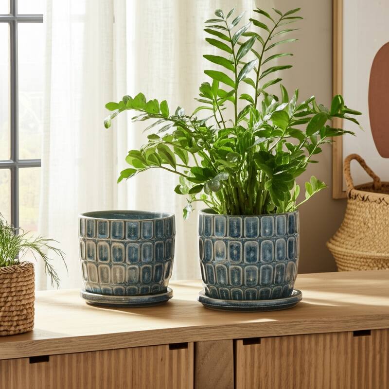 Stoneware Saucer Planters with Embossed Geometric Texture (Set of 2) - Blue - 8" x 8" x 7"