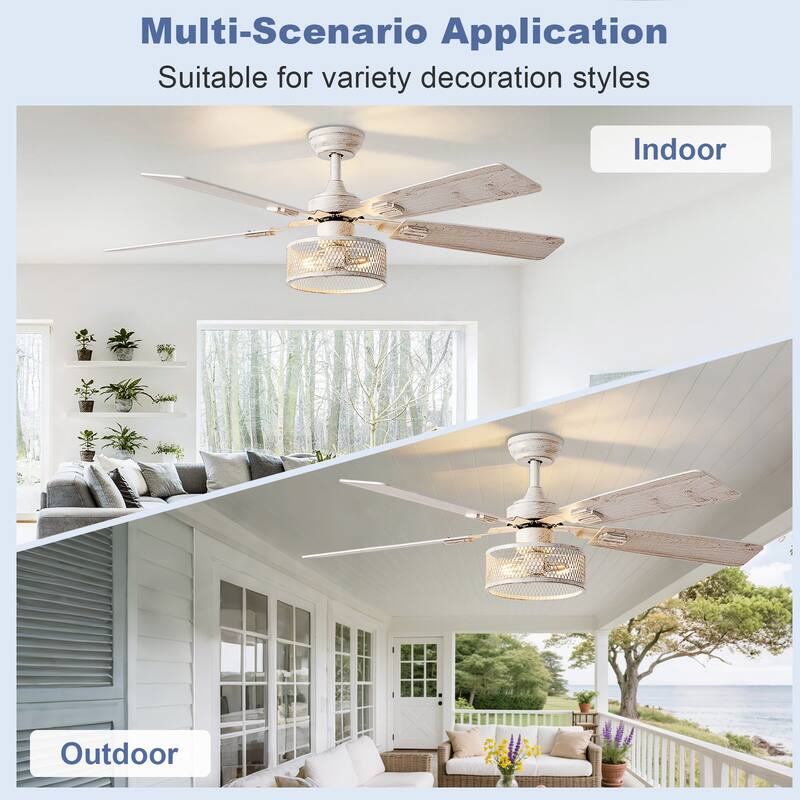 42-52Inch Caged Ceiling Fans with Lights: Dual Finish 5 Blades - Rustic with Remote Control (E26 Bulb Included)