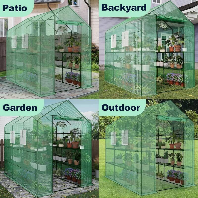 57" w x 85" l x 77" h 3-Tier Heavy Duty Walk-in Garden Portable Greenhouse for Outdoor Plants, Green