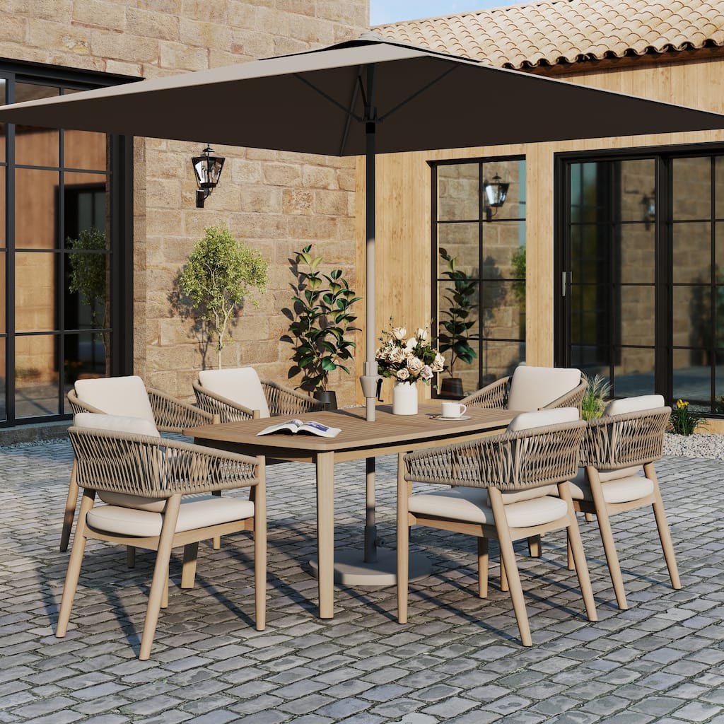 7-Piece Outdoor Dining Set Acacia Wood Rope-Woven Arm Chairs and Umbrella Hole Dining Table
