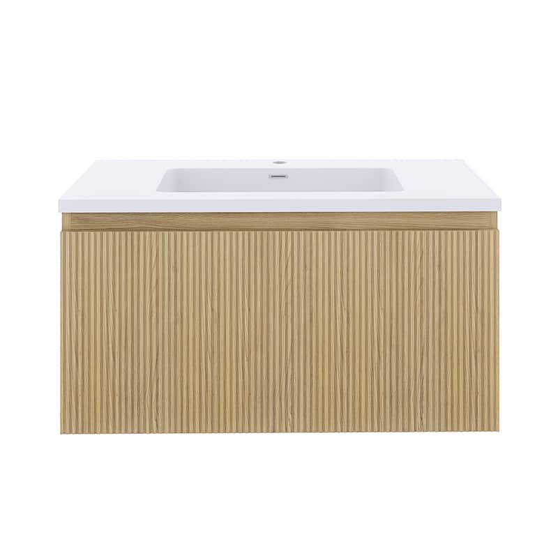 Floating Bathroom Vanity in Yellow Oak with Integrated Resin Top