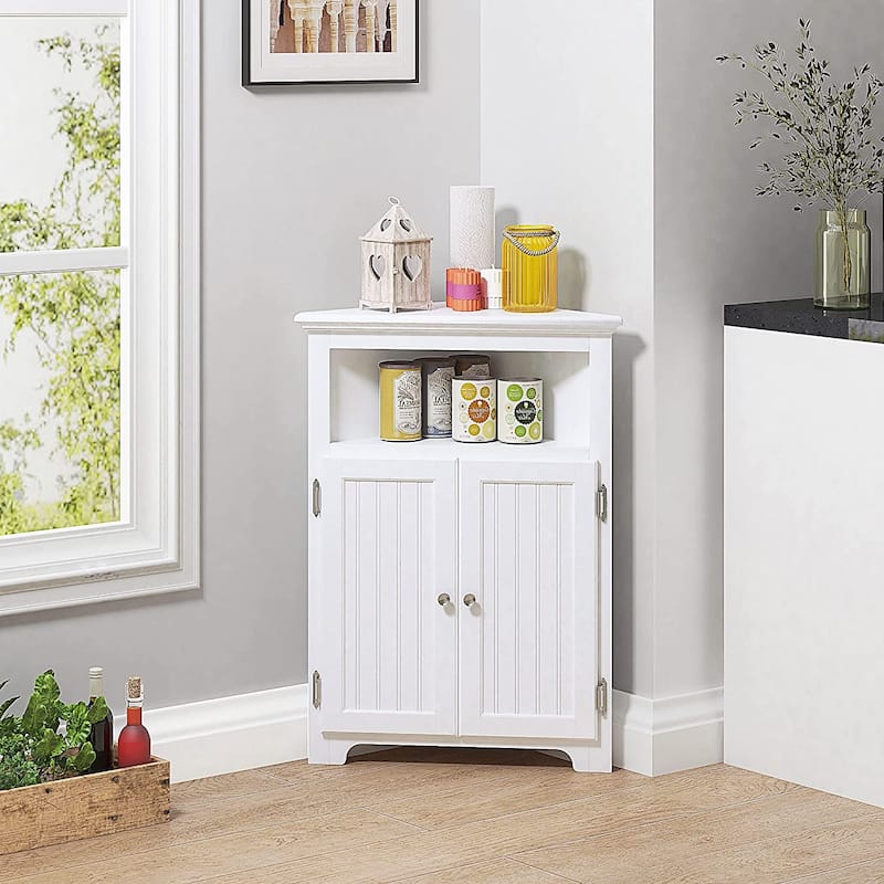 UTEX Corner Free Storage Cabinet, Bathroom Floor Corner Cabinet with Doors and Shelves for Bathroom, Kitchen, Living Room, White