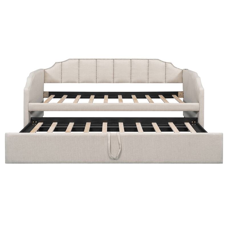 Twin Size Upholstered Daybed with Pop-Up Trundle & USB Charging Ports