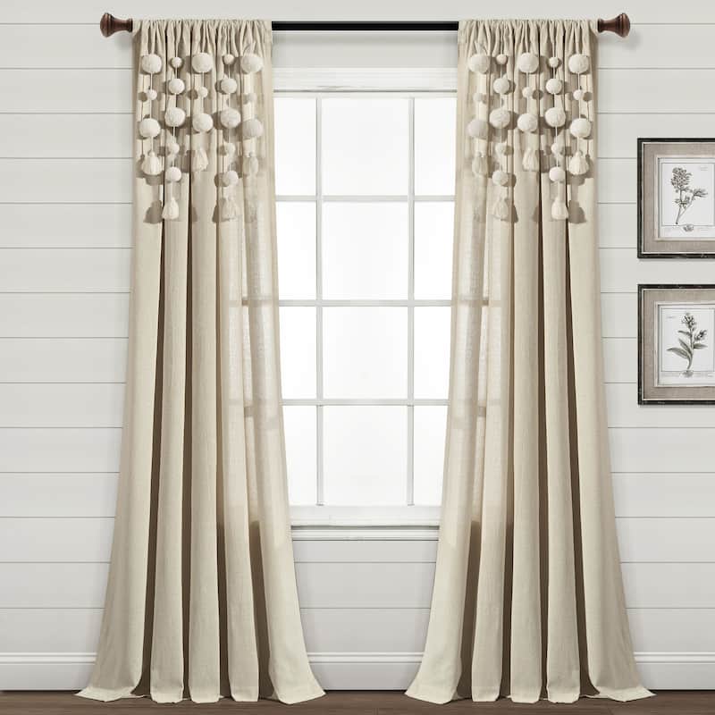 Lush Decor Boho Pom Pom Tassel Linen Window Curtain Panel (Single) - 52"W x 84"L - Dark Linen