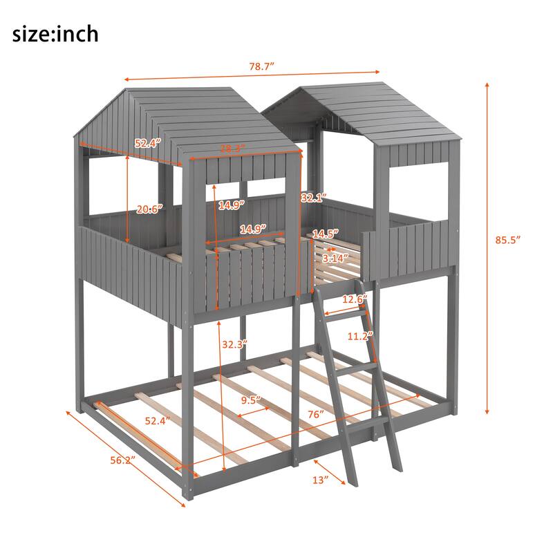 Full Over Full WoodBunk Bed with Roof, Window, Guardrail