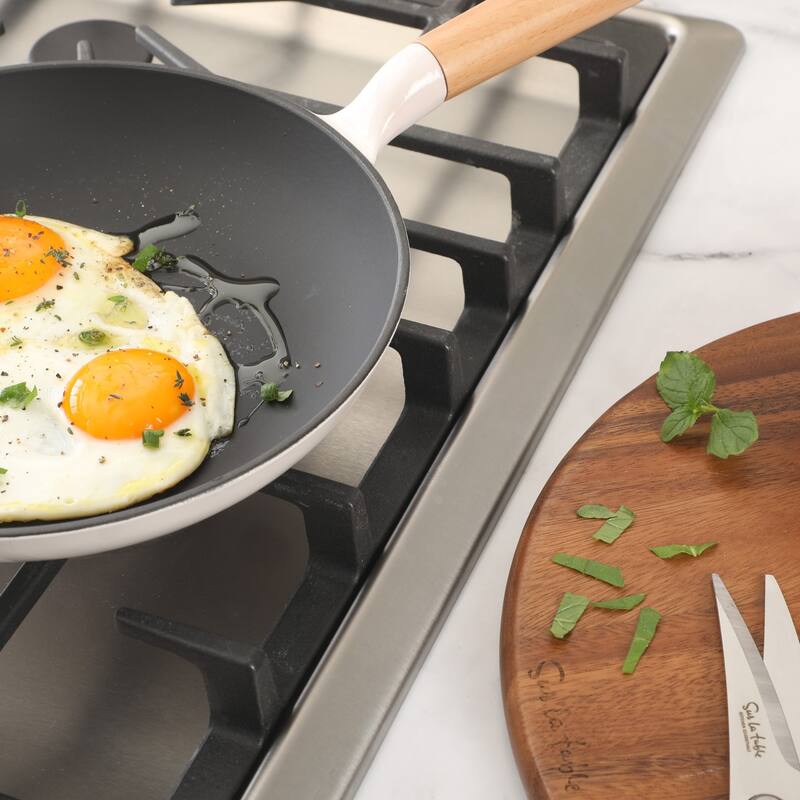 Sur La Table Kitchen Essential 9.5 Inch Pre-Seasoned Cast Iron Skillet with Wood Handle Natural Nonstick Lightweight Cast Iron