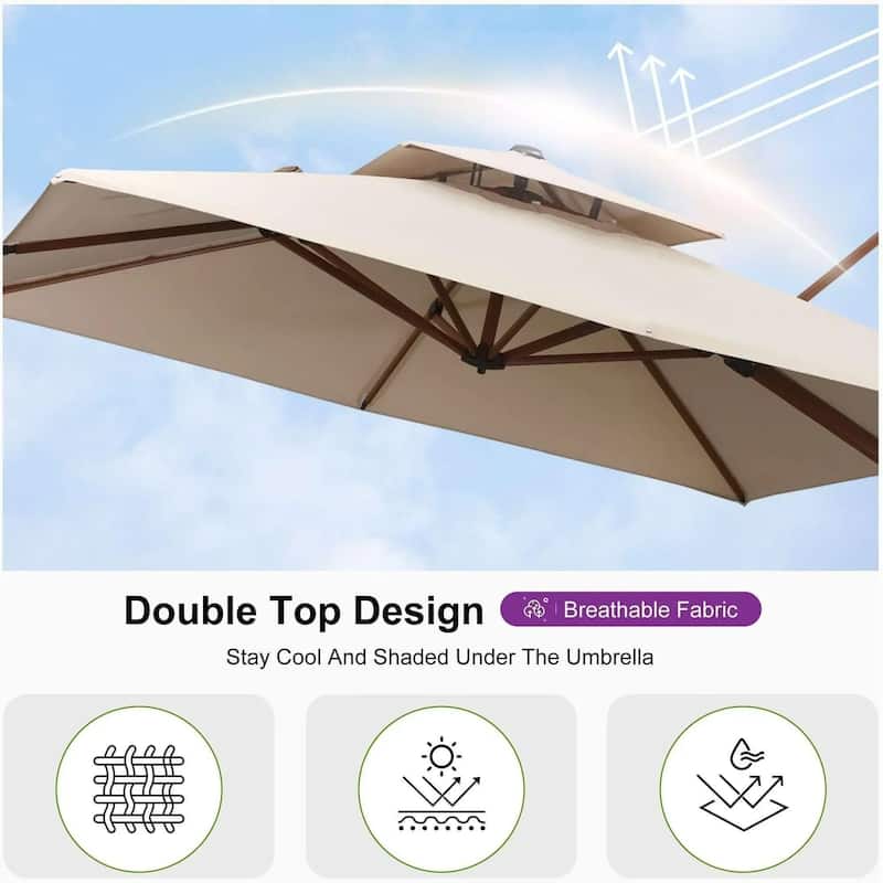 PURPLE LEAF 10 x 13ft Double Top Deluxe Wood Pattern Rectangle Patio Cantilever Umbrella with Base outdoor