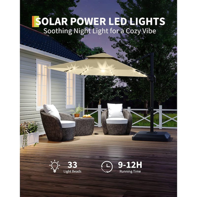 Coromose 10' x 10' Heavy Duty Cantilever Patio Umbrella, with Solar LED Lights & Weighted Base