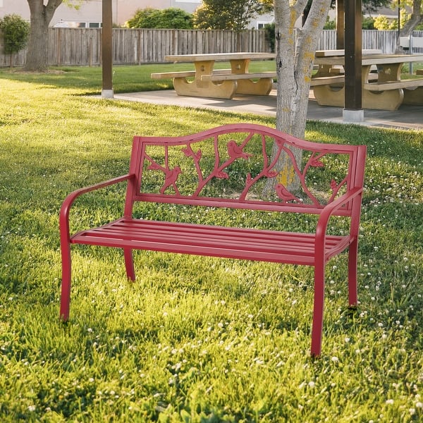 slide 3 of 7, Sophia & William Outdoor Patio Metal Bench Red, Steel Frame Bench with Backrest and Armrests Red