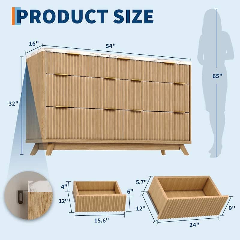 54" Modern Curved Profile Fluted Dresser with 7 Drawers