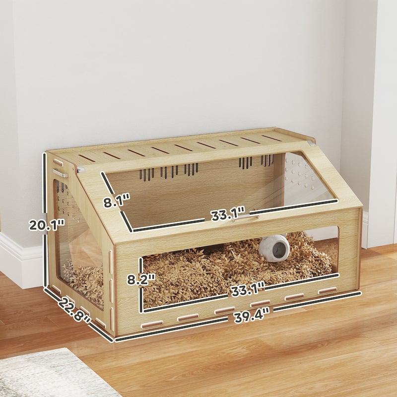 Oak Hamster Habitat with Clear Acrylic Panels and Inclined Top Opening Side Handles for Transport - 39.4" L x 22.8" W x 20.1" H