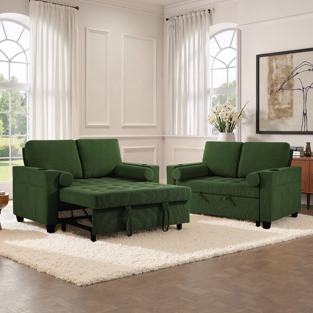 Set of 2 Corduroy Convertible Sleeper Chairs Pull-Out Chair Beds with 2 USB Port