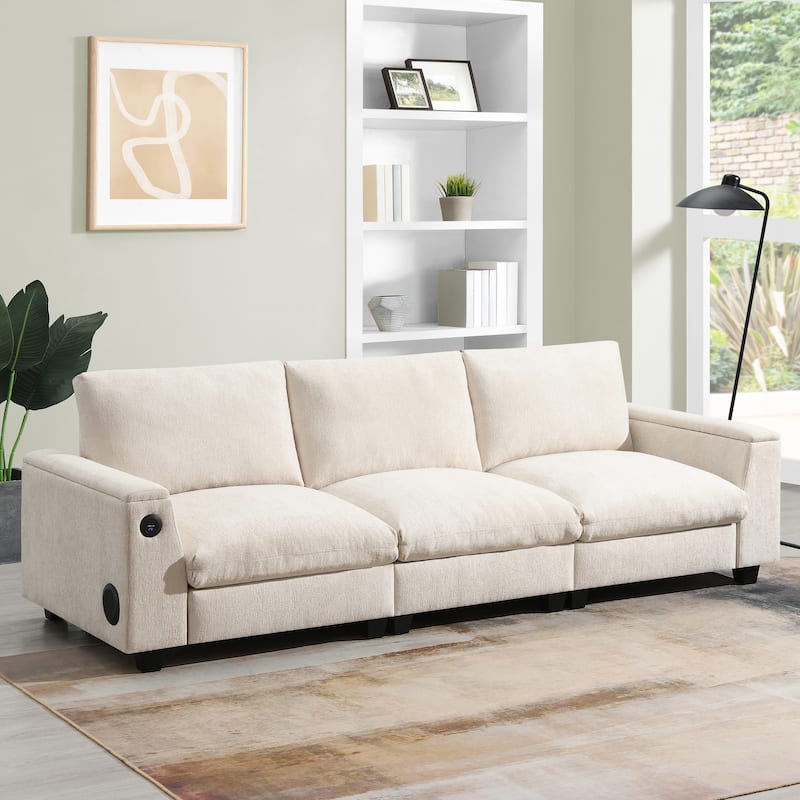 Chenille Cloud Sofa with Cup Holders, USB Port & Bluetooth Speaker, Convertible Loveseat with Drop Down Table & Storage Armrest