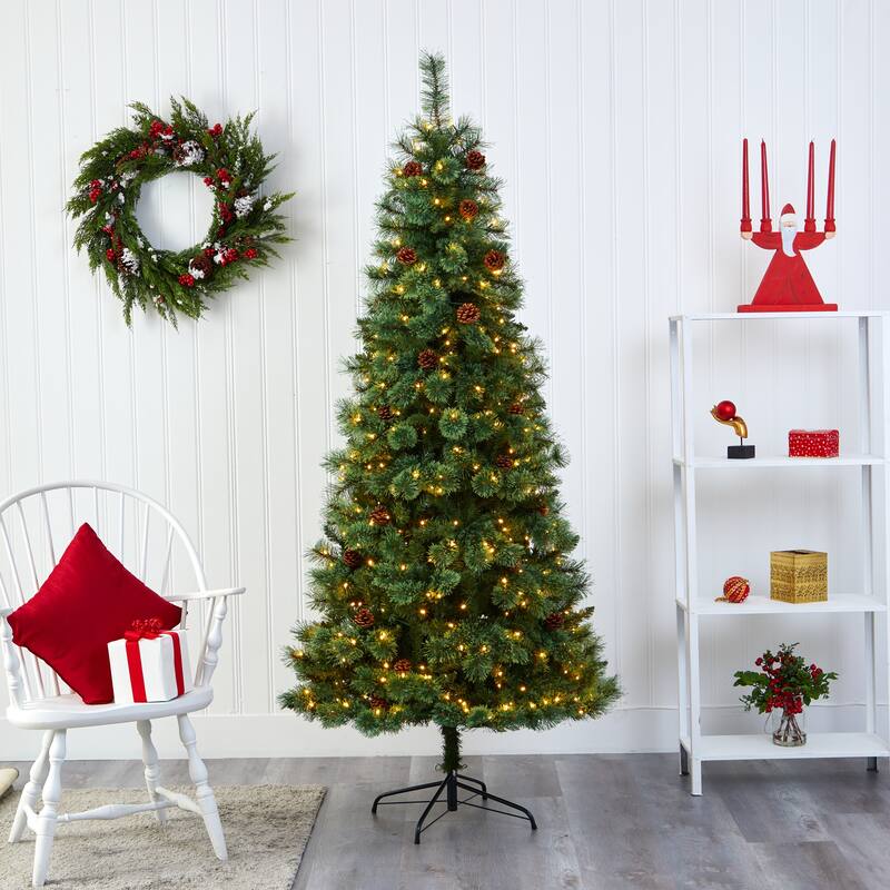7’ Pre-Lit Mountain Pine Artificial Christmas Tree, Warm Clear LED Lights - 7 Foot