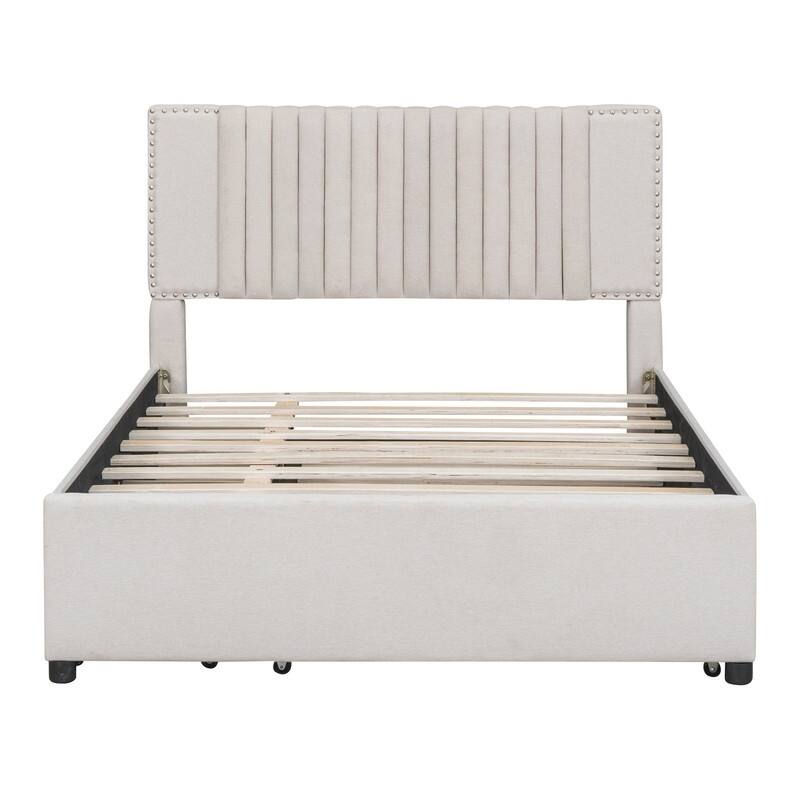 Linen Upholstered Platform Bed with 2 Drawers and Trundle,Queen/Full Size