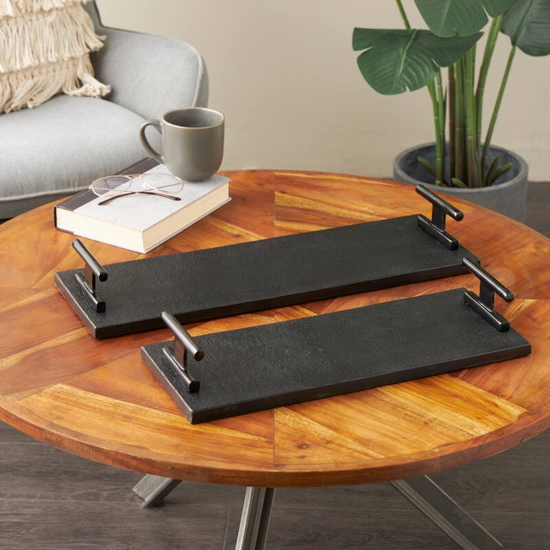 Black Marble Textured Living Room Decor Tray with Silver or Black Rod Handles (Set of 2)