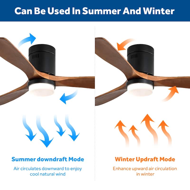 52 Inch Wooden Ceiling Fan, With 18W Led Light 3 Solid Wood Blades, Remote Control Reversible DC Motor with ETL Ceiling Fan