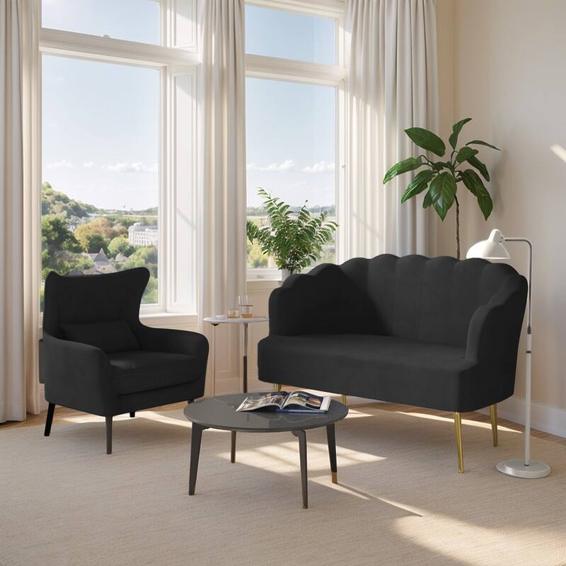 Velvet Tuft Thick Cushion Metal Legs Loveseat Sofa - Black Velvet