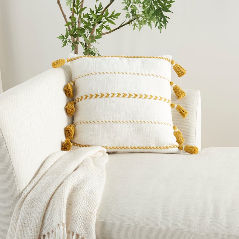 Mina Victory Life Styles Farmhouse Casual Stripe Tassel Fringe Throw Pillow