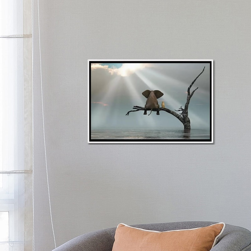 iCanvas "Elephant And Dog Are Sitting On A Tree Fleeing A Flood" by Mike Kiev Framed Canvas Print
